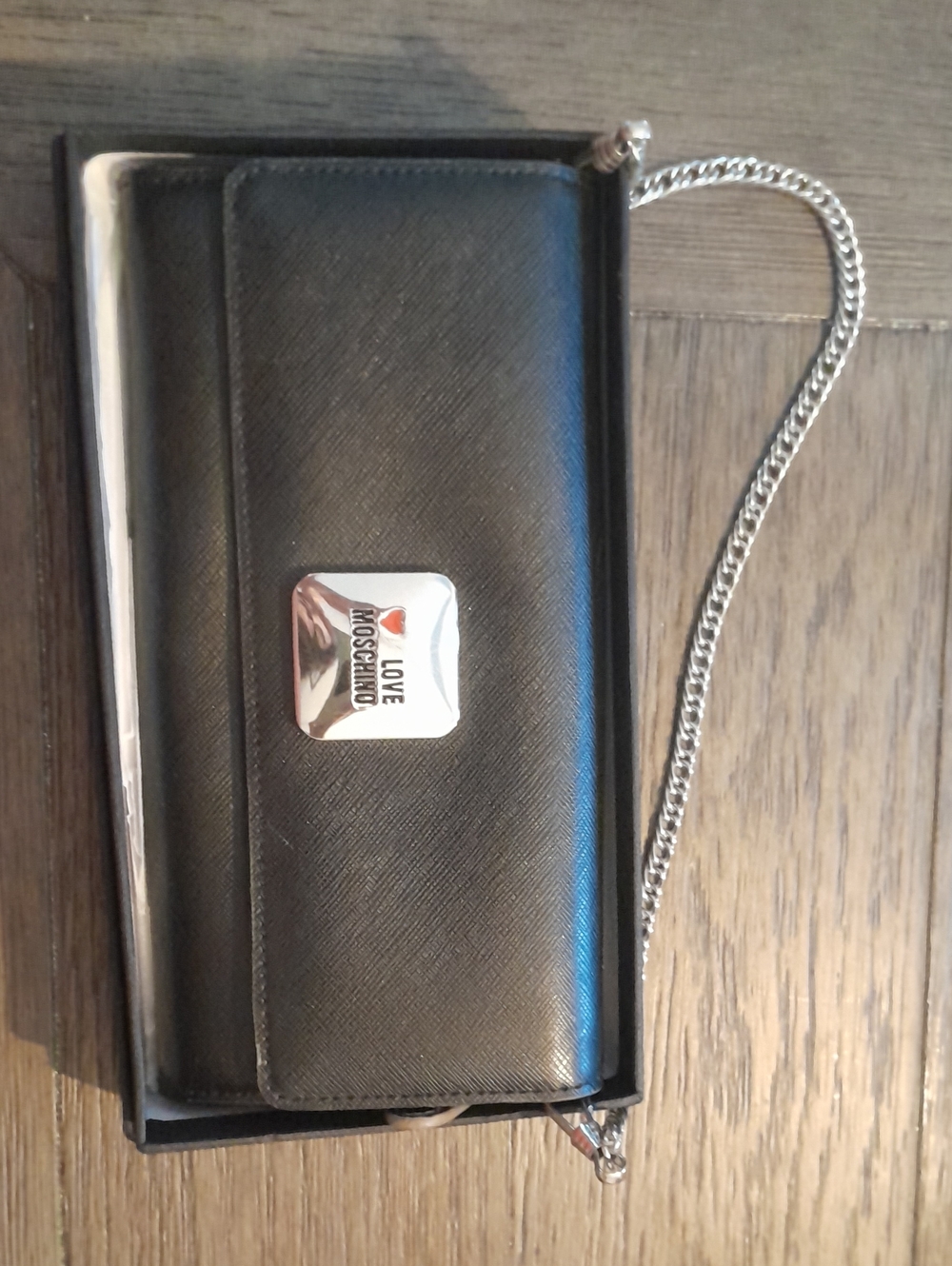 Love Moschino Black Wallet with Silver Logo Plate and Chain